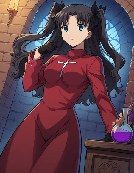 score_9, score_8_up, score_7_up, source_anime, <lora:carnivalphantasm-rin-tohsaka-ova-ponyxl-lora-nochekaiser:1>, rin tohsaka, aqua eyes, black hair, hair ribbon, long hair, ribbon, sidelocks, two side up, parted bangs, medium breasts,, <lora:wizard-ponyxl-lora-nochekaiser:1>, wizard, wizard hat, robe, dress, long sleeves, gloves,, indoors, bricks, potion, flask, vial,, cowboy shot,, , dutch angle, cowboy shot