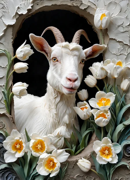 Impasto Style,white tulips,goat looks out of the hole,<lora:TQ_-_Impasto_Elegance_Art:1>,