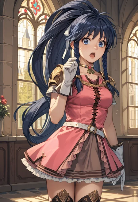 score_9, score_8_up, score_7_up, source_anime, BREAK 1girl, looking at viewer, surprised, hand up, !, <lora:TanaFE-pdxl:1> defTana, long hair, high ponytail, hair ribbon, twin braids, neck ring, pink dress, medium breasts, white belt, short dress, pauldrons, white gloves, brown skirt, thigh boots, indoors, castle, window