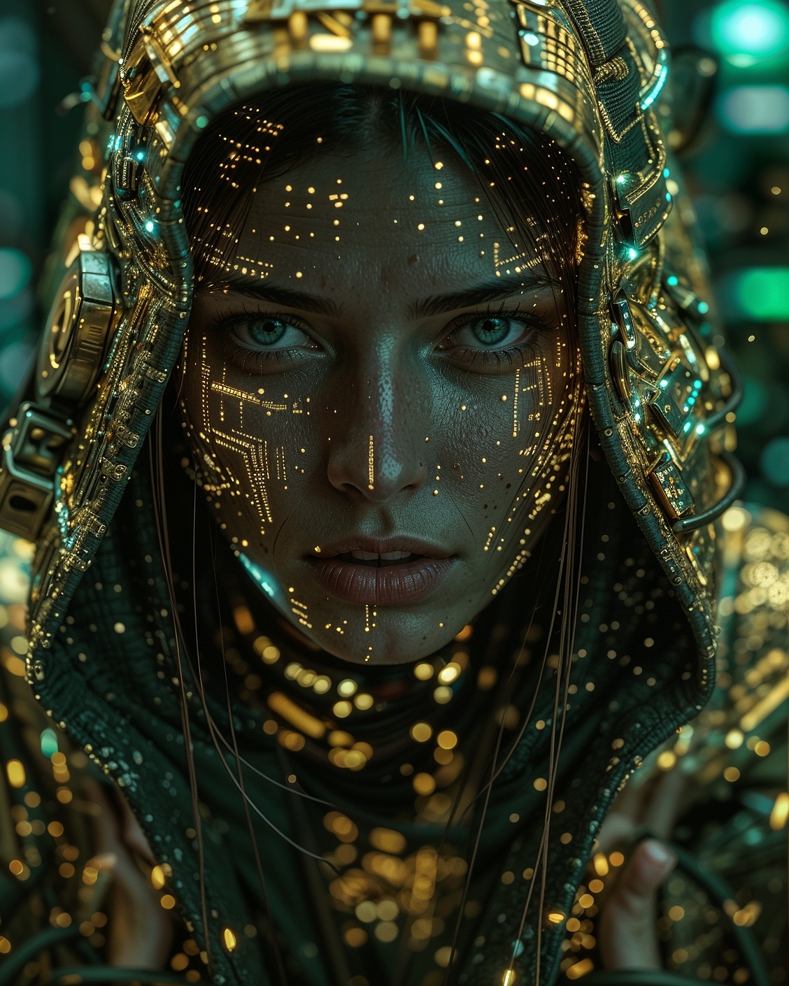 High-resolution, close-up portrait of a person wearing a futuristic, rugged spacesuit with a hood. The subject has light skin, striking blue-green eyes, and freckles across their face. Their expression is serious and focused. The spacesuit is detailed with metallic elements, including circular dials and connectors, and is predominantly tan in color with hints of red and black. Snowflakes and glowing particles are scattered across the image, adding a dynamic and ethereal effect. The background is blurred, keeping the focus on the subject's face and the intricate details of the spacesuit.