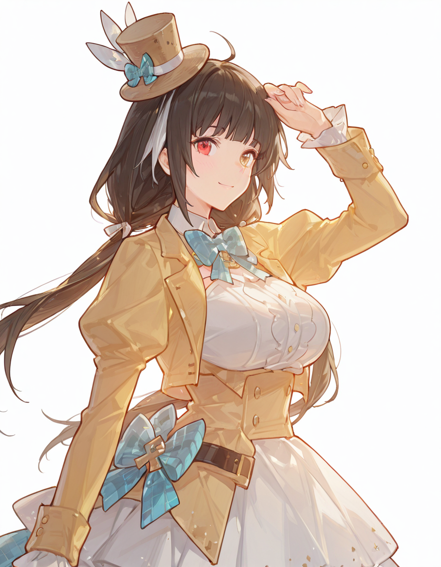 Volumetric Lighting, (masterpiece), (best quality), (ultra-detailed), masterpiece, source_anime, score_9, score_8_up, score_7_up BREAK, illustration, disheveled hair, detailed eyes, perfect composition, moist skin, intricate details, detailed eyes, detailed face, BREAK, ro635, heterochromia, red eye, yellow eye, black hair, low twintails, streaked hair, white hair, large breast BREAK, DefenderInTheRye, DIR_hair_ribbon, DIR_dress_bow, DIR_shirt, DIR_bowtie, DIR_jacket, DIR_mini_hat BREAK, ((white background)), looking at viewer, standing, shadow, smile