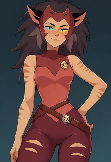score_9, score_8_up, score_8, medium breasts, (curvy), cute, eyelashes,
rating safe,
BREAK,
Catra_Shera, solo, 1girl, catra, smile, closed mouth, looking at viewer, arm behind head, heterochromia, colored sclera, sleeveless, covered legs, bare shoulders, hand on hip, cowboy shot, wide hips,
BREAK,
smile, looking at viewer,
abstract background,
zPDXL, Expressiveh