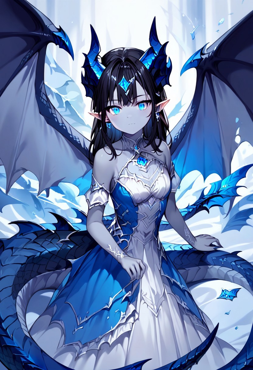 score_9, score_8_up, score_7_up, source_anime+, (1girl, grey skin, pointy ears, ((black hair, blue eyes), dragon wings, two dragon horns, dragon tail)), Drestoria Style, Dress