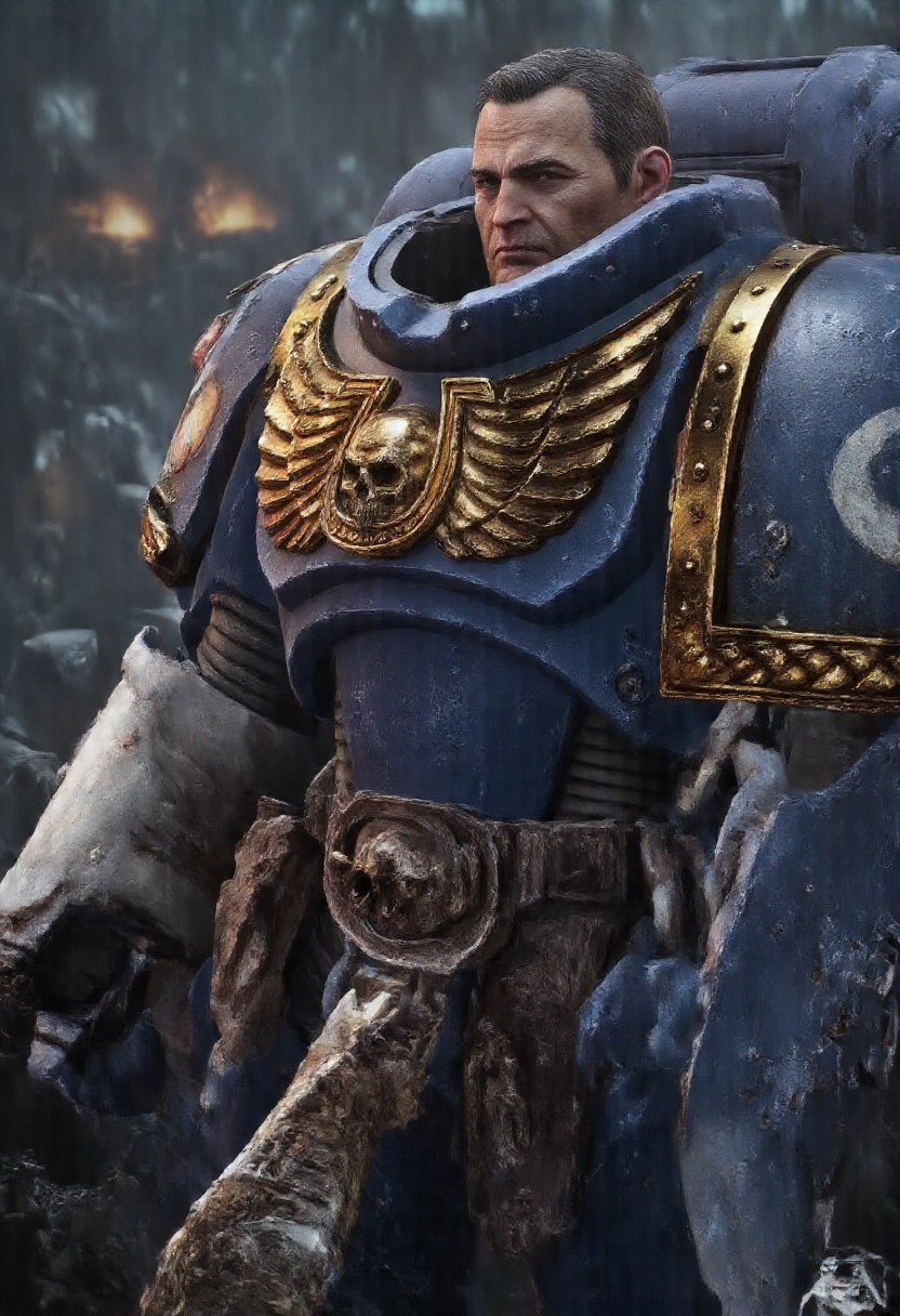 mature adult style, masterpiece, absurdes, action shot, war footage,
(titus, ultramarine:1.3)
sci-fi castles, partial destruction of castle, gothic architecture, 
holding chainsword, magic, thunder, explosion, dead bodies, death,
wearing detailed power armor, (robe, tubes:1.3), old, facial hair, glowing blue eyes,
(scifi scene, male focus:1.35), rain, thunderstorm, dark ambiance, burning buildings, burning aircraft, futuristic aircraft landing in the background,
<lyco:cosmetic - UnlimitedBladeWorks1.6:0.6> <lora:artstyle - LowRA:0.6><lora:ULTRAMARINES MK1 by CCARAXESS:0.98>