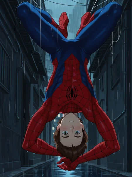 score_9, score_8_up, score_7_up, Masterpiece, Best Quality, high quality cg, 1boy, Peter Parker, green eyes, solo male, male focus, alley, rain, no headwear, spider-man body suit, upside down, holding onto web string, spider-man pose, imminent kiss, looking at viewer, muscular male, blush, <lora:Peter_Parker-000056:0.8>,