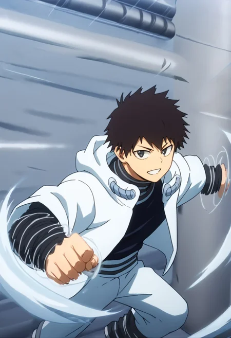 score_9, score_8_up, score_7_up, SenKaibara, official style, 1boy, solo, , black hair, black eyes, white jacket, pants,Whirl,wind sfx,white lines, looking at viewer, dynamic pose, school gym background,