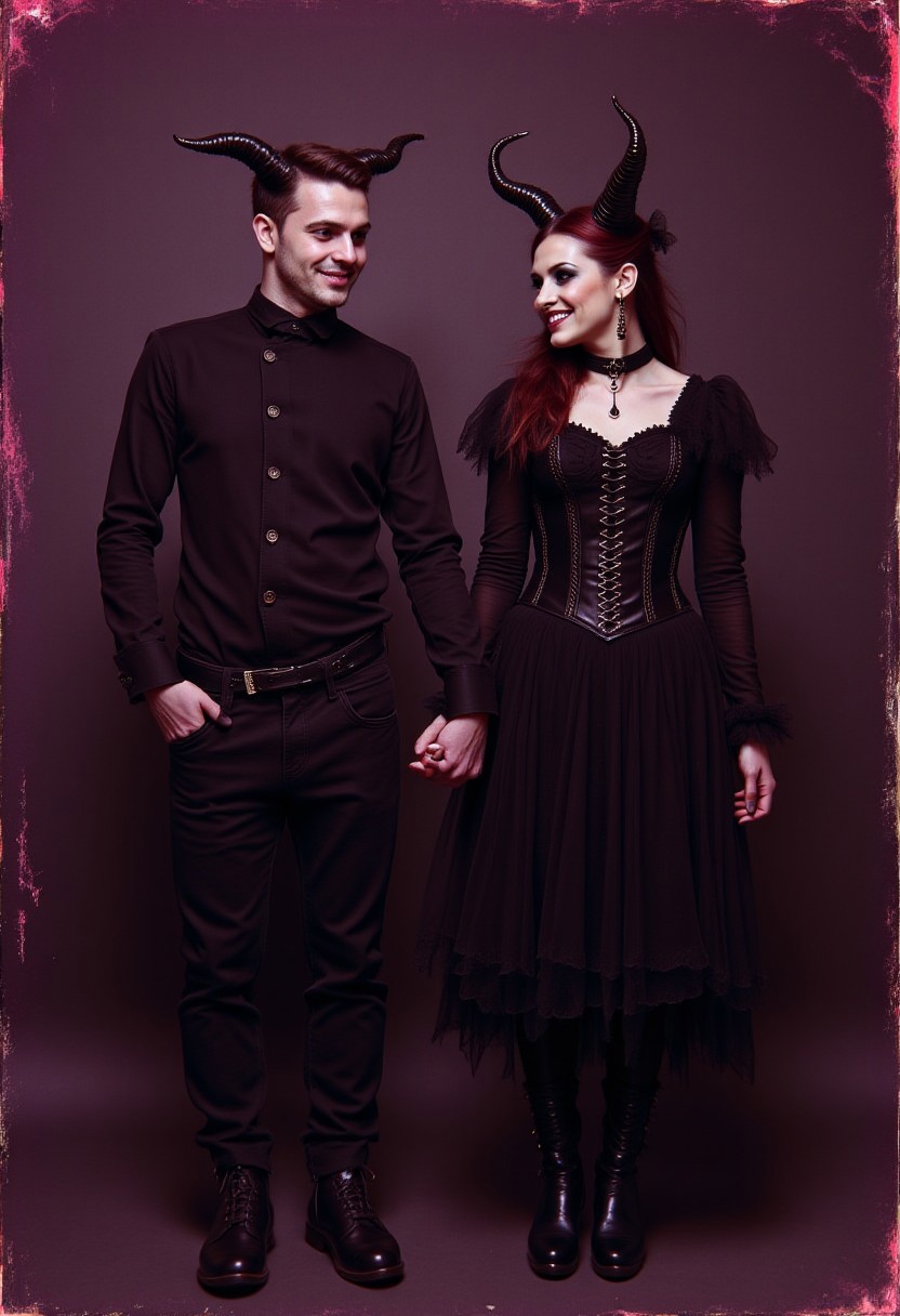 a worn out Elven Victorian gothic couples photograph from 1747, dark contrast sepia with a purple red hue, good condition. the man and woman wearing punkish clothing, holding hands smiling with a subtle gothic punk tone