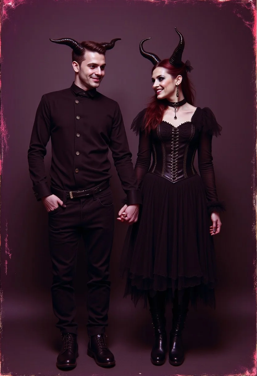 a worn out Elven Victorian gothic couples photograph from 1747, dark contrast sepia with a purple red hue, good condition. the man and woman wearing punkish clothing, holding hands smiling with a subtle gothic punk tone