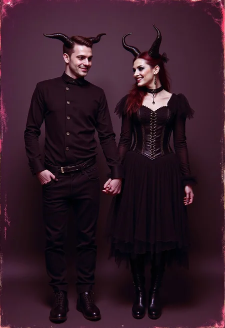 a worn out Elven Victorian gothic couples photograph from 1747, dark contrast sepia with a purple red hue, good condition. the man and woman wearing punkish clothing, holding hands smiling with a subtle gothic punk tone