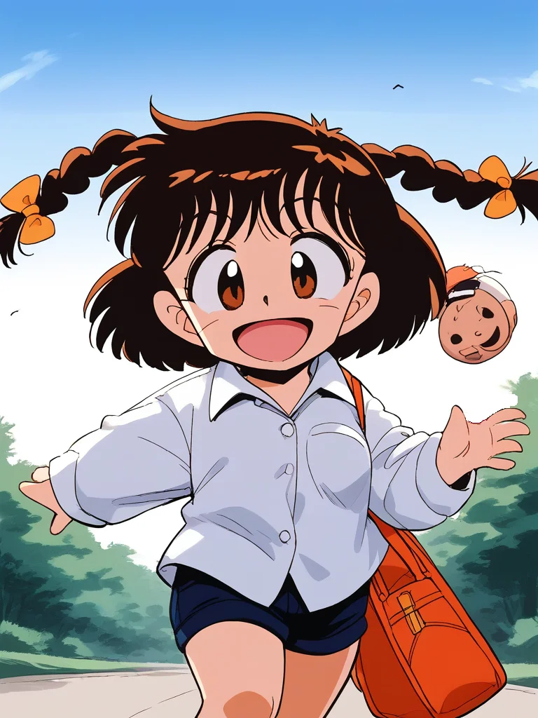 score_9, score_8_up, score_7_up, source_anime, rating_explicit, BREAK <lora:Shinba_Kurumi_XL:1>Shinba_Kurumi, brown hair, brown eyes, twin braids, hair bow, short hair, short stack,
1girl, solo, smile, shorts, shirt, bow, collared shirt, long sleeves, closed mouth, bangs, standing, bag, open mouth,
sky, day,