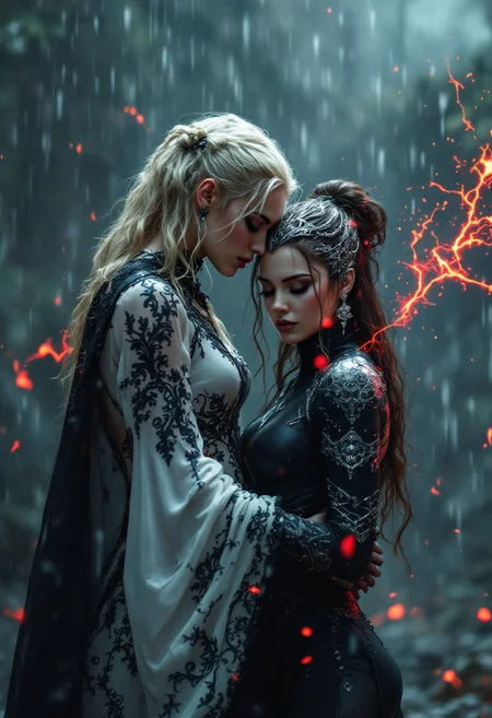 A captivating and cinematic illustration of blonde woman and brown hair sorcerer locked in a dramatic embrace amidst a torrential downpour. blonde woman, dress in white sheer adorned with intricate black patterns, stands resolutely behind the enigmatic sorcerer, who dons her signature black tight-fitting outfit adorned with intricate silver patterns. The rain pours down, intensifying the scene and causing red magic to crackle, symbolizing the intricate balance of love and enchantment between these two iconic characters. The background artfully combines elements of fashion, portrait photography, and magic, immersing the viewer in an unforgettable and enchanting visual experience., fashion, illustration, portrait photography, cinematic