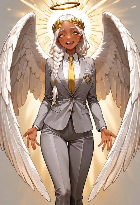 masterpiece, best quality, newest, absurdres, highres, DMIXV1.0, 1girl, dark skin, dark-skinned female, grey suit, suit official attire, official clothes, nectie, yellow necktie, white hair, long hair, braid, single braid, angel, angel girl, halo, wings, angel wings, smile, happy, open eyes, golden eyes, laurel crown, freckles,
