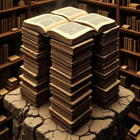M1CR0CUB3D, aidmafluxpro1.1, A cubed tower made of open books stacked in fractal geometry. Pages turn without wind. Below, an endless library dimension spirals down with floating scrolls and autonomous archivist drones. Palette: sepia, ink black, gold accents. Style: surreal fantasy academia, warm directional light, textural focus on paper grain.