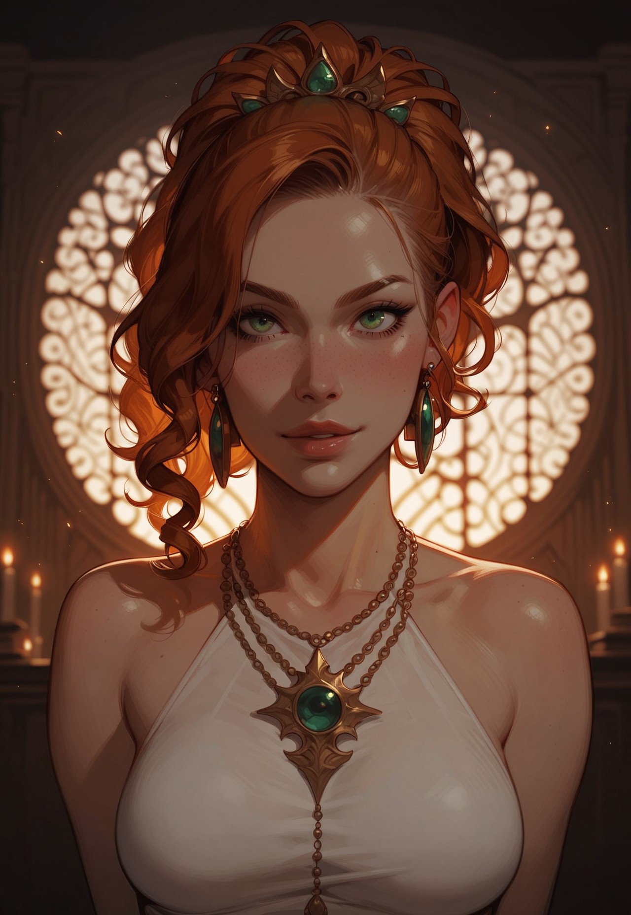 embedding:urn:air:sd1:embedding:civitai:222256@250708, score_9, score_8_up, score_7_up, cute girl, ginger curly hair, ponytail, beautiful face, medium breasts, green eyes, tiny hint of smile, renesance halter dress, necklace, earrings, dynamic pose, ((whole body portrait)), inside basement library, complete darkness, green flame is only source of light, orb illuminates face and breasts, dark fantasy 