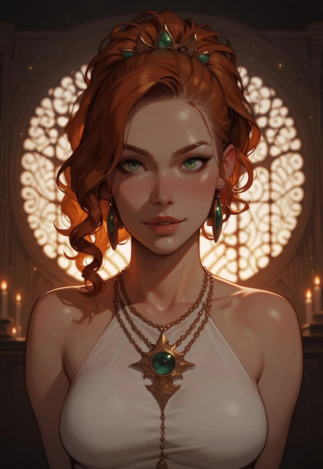 embedding:urn:air:sd1:embedding:civitai:222256@250708, score_9, score_8_up, score_7_up, cute girl, ginger curly hair, ponytail, beautiful face, medium breasts, green eyes, tiny hint of smile, renesance halter dress, necklace, earrings, dynamic pose, ((whole body portrait)), inside basement library, complete darkness, green flame is only source of light, orb illuminates face and breasts, dark fantasy
