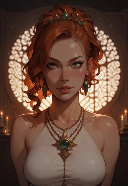 embedding:urn:air:sd1:embedding:civitai:222256@250708, score_9, score_8_up, score_7_up, cute girl, ginger curly hair, ponytail, beautiful face, medium breasts, green eyes, tiny hint of smile, renesance halter dress, necklace, earrings, dynamic pose, ((whole body portrait)), inside basement library, complete darkness, green flame is only source of light, orb illuminates face and breasts, dark fantasy 