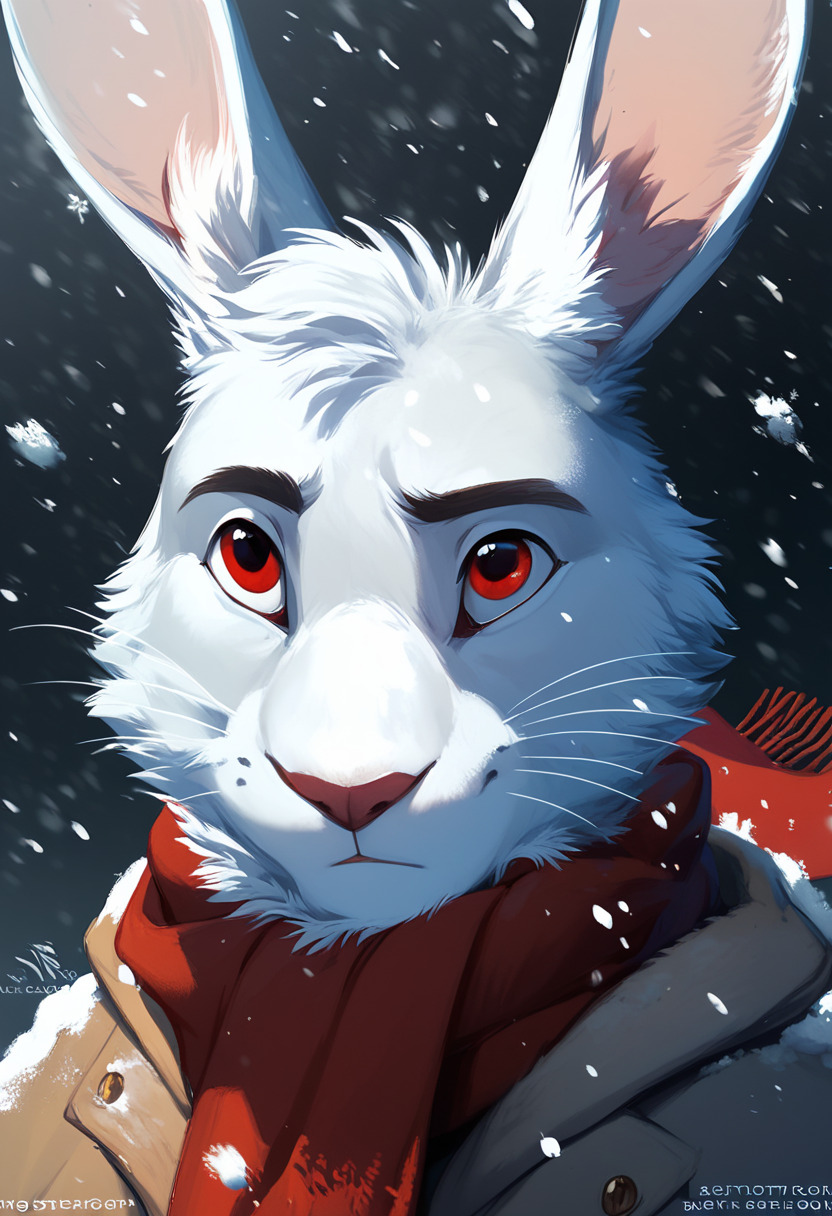 score_9, score_8_up, score_7_up, bl4ckteagan, solo, 1boy, furry, male, rabbit, white body, snow, animal ears, red eyes, scarf, outside, wind, close up, Expressiveh,
<lora:Blackteagan_-_v2:1>, <lora:Expressive_H:0.5> Expressiveh