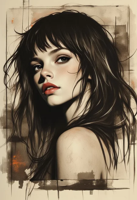 OBxiaoxiang, Inkplash art on rice paper, sepia, henna , inksketch, Silhouette Art, magnificent, dark background, inksplash portrait of stunning japanese woman, long dark hair with platinum streaks, sidelocks, bangs, seductive, sultry, lustful, red lips, direct gaze, light hitting one side of face, inksplash abstract background