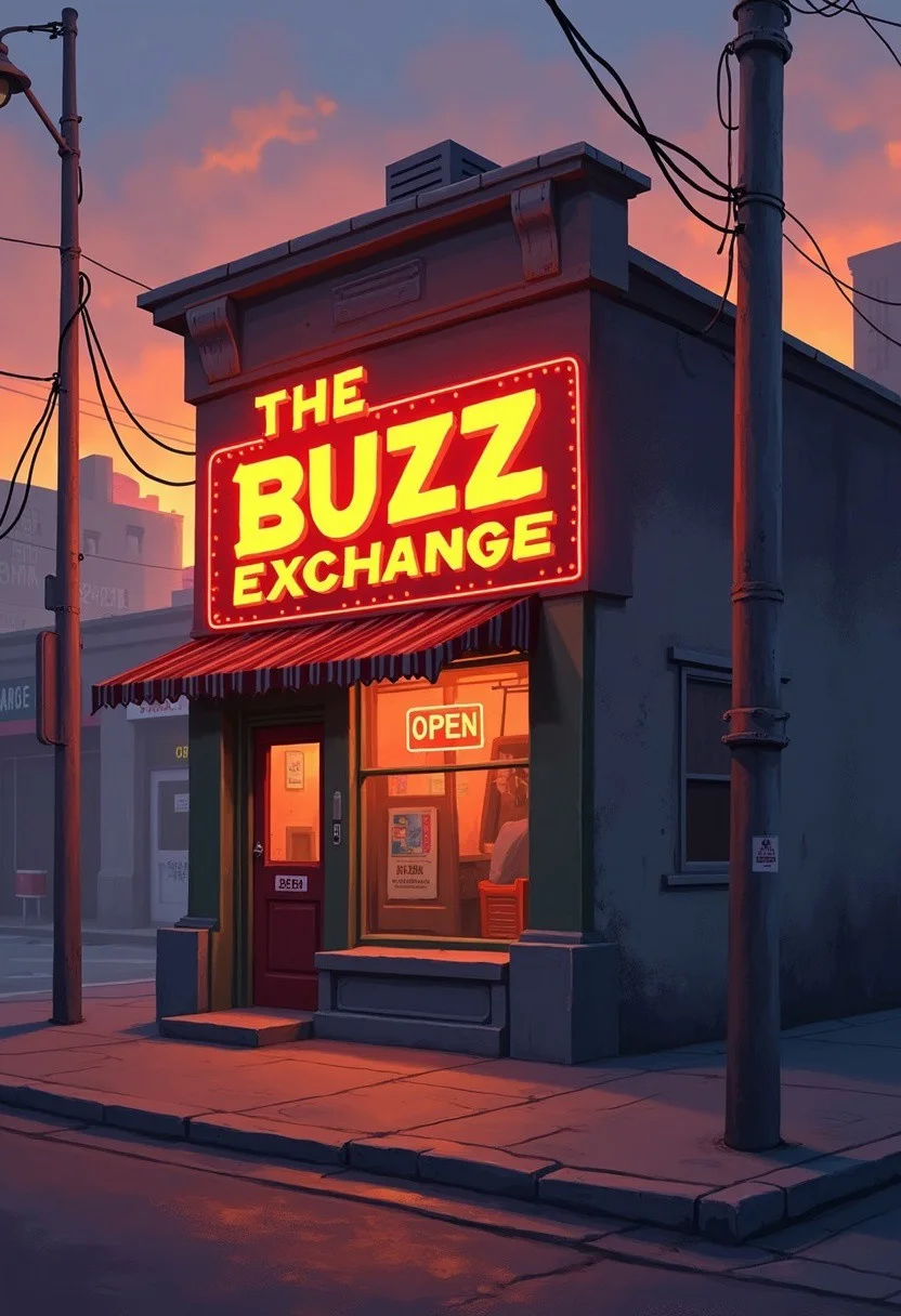 A digital painting in a realistic style at sunset. It depicts a tiny money exchange business on the corner of a city block. The building has a glowing sign with giant letters, that reads "The Buzz Exchange", with a small sign on the door that reads "Open".