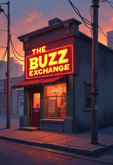 A digital painting in a realistic style at sunset. It depicts a tiny money exchange business on the corner of a city block. The building has a glowing sign with giant letters, that reads "The Buzz Exchange", with a small sign on the door that reads "Open".