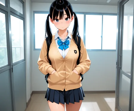 masterpiece, best quality, amazing quality, sfw, 1girl, solo, shirt, cardigan, skirt, black hair, long hair, twintails, looking at viewer, medium breasts, <lora:Key style ILL-v2:1.4> keystyle,