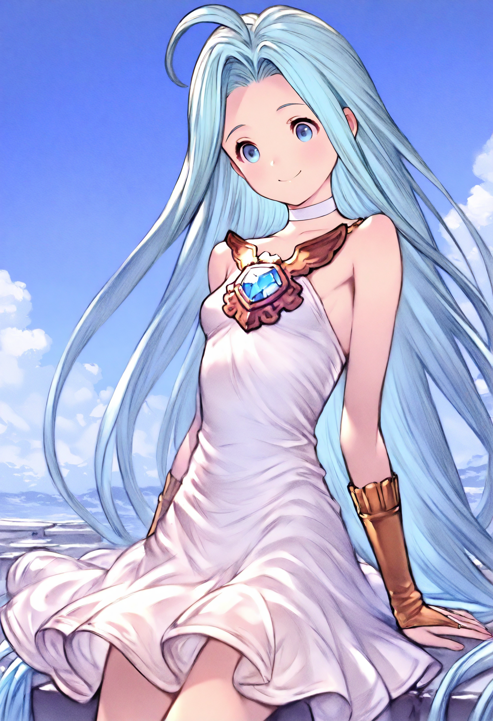 masterpiece, best quality, very aesthetic, absurdres, highly detailed, kyoto animation, anime, 
1girl, solo, smile,
lyria \(granblue fantasy\), very long hair, blue hair, ahoge, blue eyes, white choker, bare shoulders, skinny, small breasts, white dress, bridal gauntlets, 
blue sky, on deck,
<lora:Lyria_Granblue_Fantasy_Illustrious-XL:1>   <lora:ProAnimeIXL:0.5>