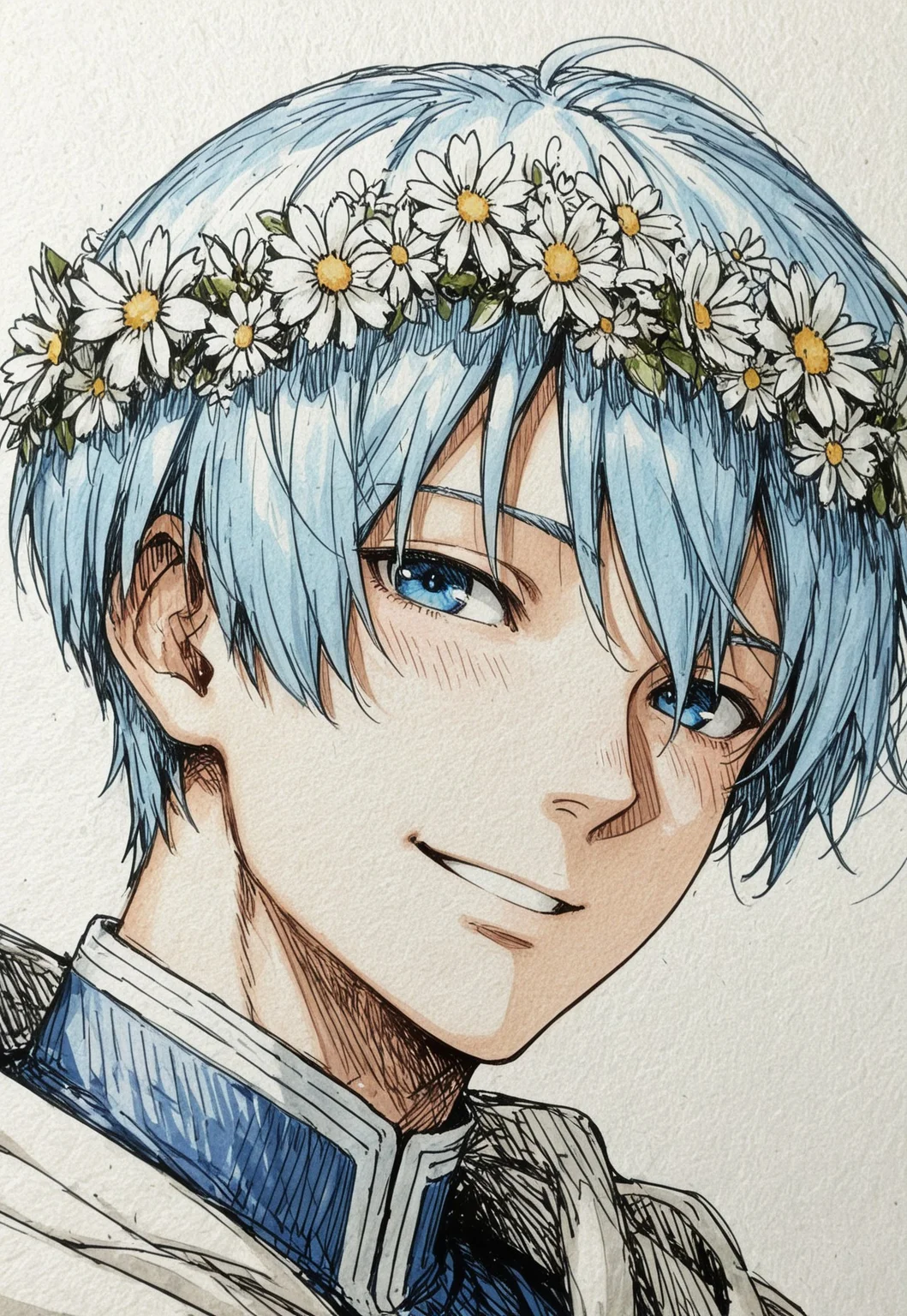 masterpiece, best quality, 
1boy, himmel the hero, close up, looking at viewer, happy, color sketch, flower crown,
rough sketch, traditional media, linear hatching,