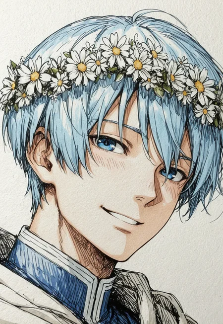 masterpiece, best quality, 
1boy, himmel the hero, close up, looking at viewer, happy, color sketch, flower crown,
rough sketch, traditional media, linear hatching,