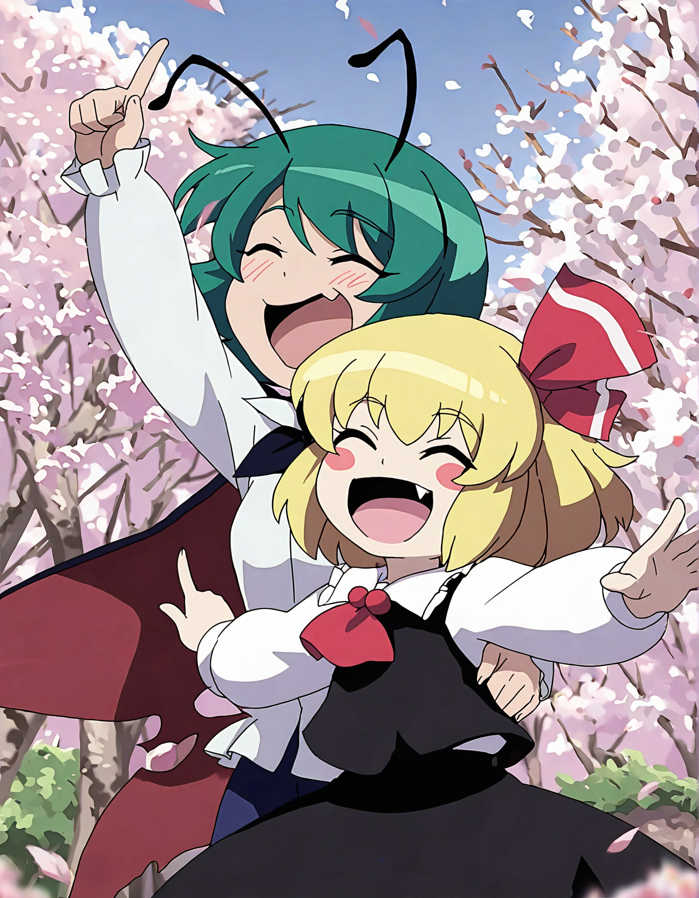 memoriesofphantasm, rumia, multiple girls, wriggle nightbug, 2girls, antennae, blonde hair, green hair, closed eyes, cape, hair ribbon, cherry blossoms, ribbon, short hair, blush, open mouth, smile, tree, blush stickers, sensitive, shirt, general, pointing, parody, skirt, :d, ^_^, fang
very awa, masterpiece, best quality, year 2024, newest, highres, absurdres, <lora:memories-of-phantasm-style-noobai-vpred10:1>