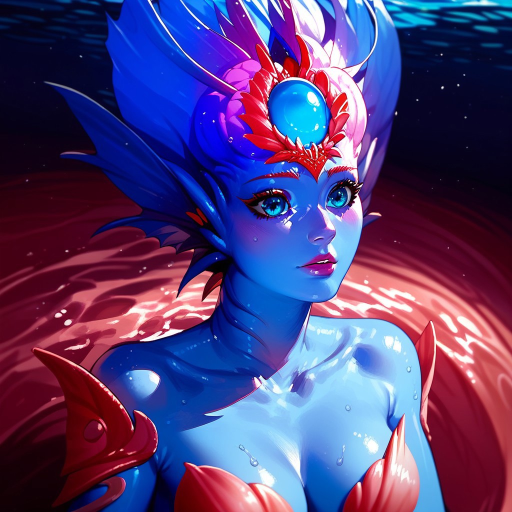 score_9, score_8_up, (high quality), highly detaily , Expressiveh, solo, beautiful, 1 girl, Kiora, Kiora from Magic: The Gathering, merfolk, (((monster girl))), monster, blue skin, beautiful eyes, opened eyes, (perfect body), (she is in the ocean)