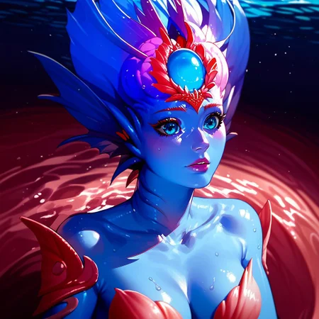 score_9, score_8_up, (high quality), highly detaily , Expressiveh, solo, beautiful, 1 girl, Kiora, Kiora from Magic: The Gathering, merfolk, (((monster girl))), monster, blue skin, beautiful eyes, opened eyes, (perfect body), (she is in the ocean)