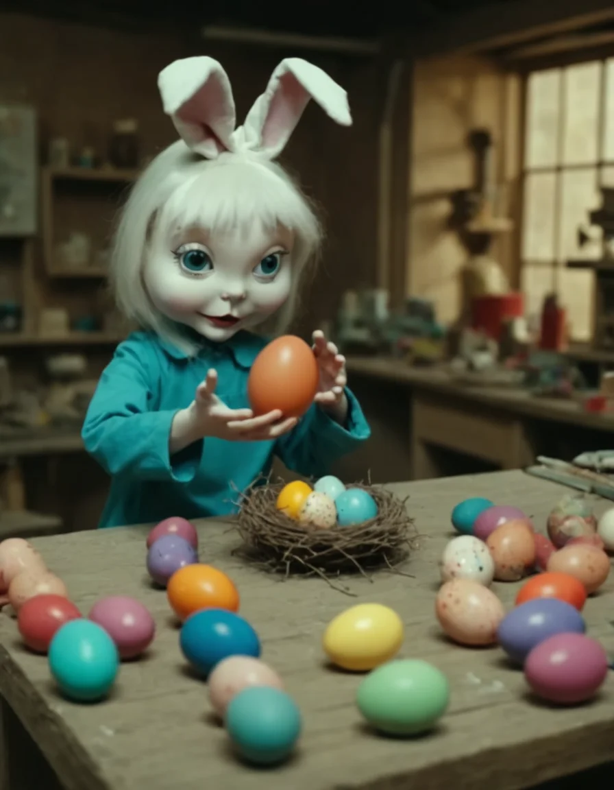 Masterpiece (wide angle shot) , Easterbunny crafting an incantation, (creating a little colorful magic egg in a nest:1.6), standing on an old carved table in a colorful factory laboratory. fantastic view. creepy and unsettling kids tv show <lora:UNSTL_KIDS_TV_v2:1>