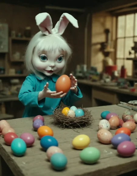 Masterpiece (wide angle shot) , Easterbunny crafting an incantation, (creating a little colorful magic egg in a nest:1.6), standing on an old carved table in a colorful factory laboratory. fantastic view. creepy and unsettling kids tv show <lora:UNSTL_KIDS_TV_v2:1>