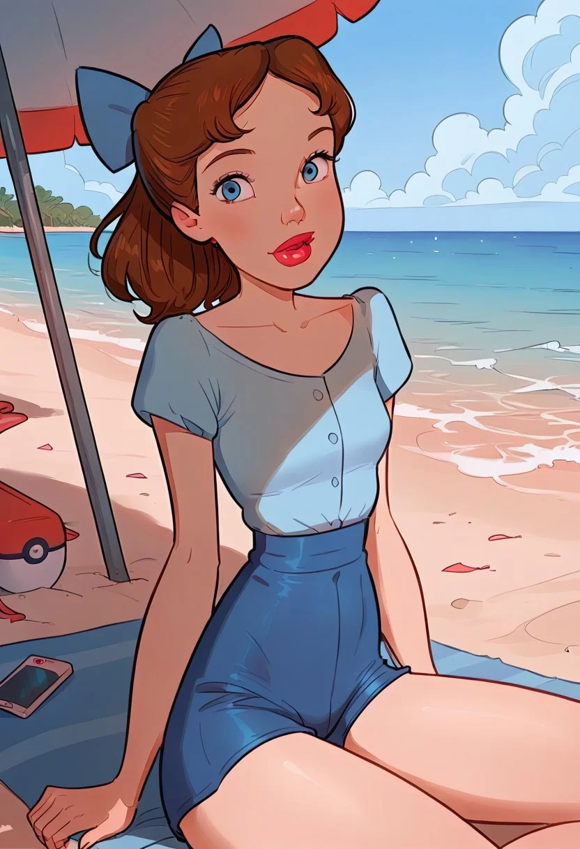 score_9, score_8_up, score_7_up, score_6_up, 1girl, petite, slender, realistic, photos, skinny, brown hair, ponytail, petite, (Pokemon trainer girl:1.0), button up shirt, leggings, shorts, at a beach , cute, adorable, beautiful, (excited, happy expression:0.1), looking at viewer, small breast, WendyDarling, 1girl, solo, brown hair, hairbow, blue eyes, lipstick