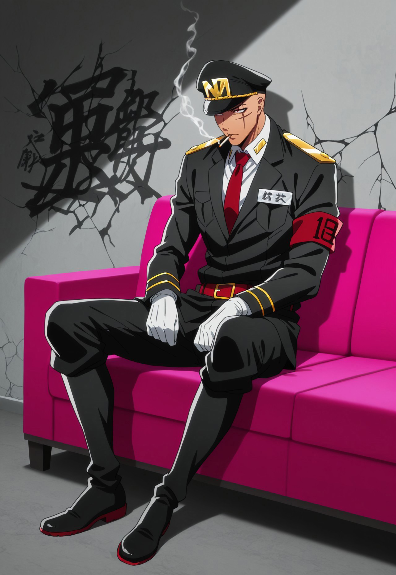 masterpiece, best quality, amazing quality, very aesthetic, absurdres, dynamic pose, dynamic angle, ultra-detailed, highly detailed, cinematic lighting, realistic shading, BREAK
cracked wall, on pink couch, graffiti, BREAK
NBHajime, 1boy, bald, red eyes, scar across eye, black peaked cap, name tag, black military jacket, white collared shirt, red necktie, layered clothes, white gloves, red belt, red armband, number, kanji, black pants, pants tucked in, black knee boots, full body, sitting, smoking, annoyed, 