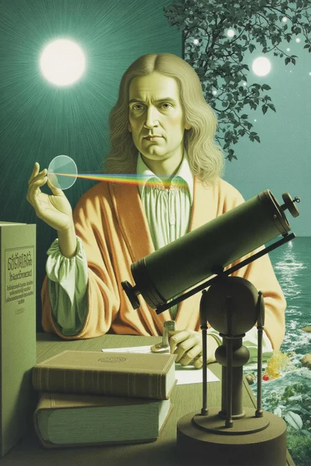 jeanleonhuens1 illustration.
Sir Isaac Newton, a scientist, is seated at a desk, holding a prism in his hand. The desk is cluttered with books, one labeled "Principia." There is also a telescope on the desk. <lora:jeanleonhuens1_ap_d6a3e12:1.0><lora:844820149010792062:0>