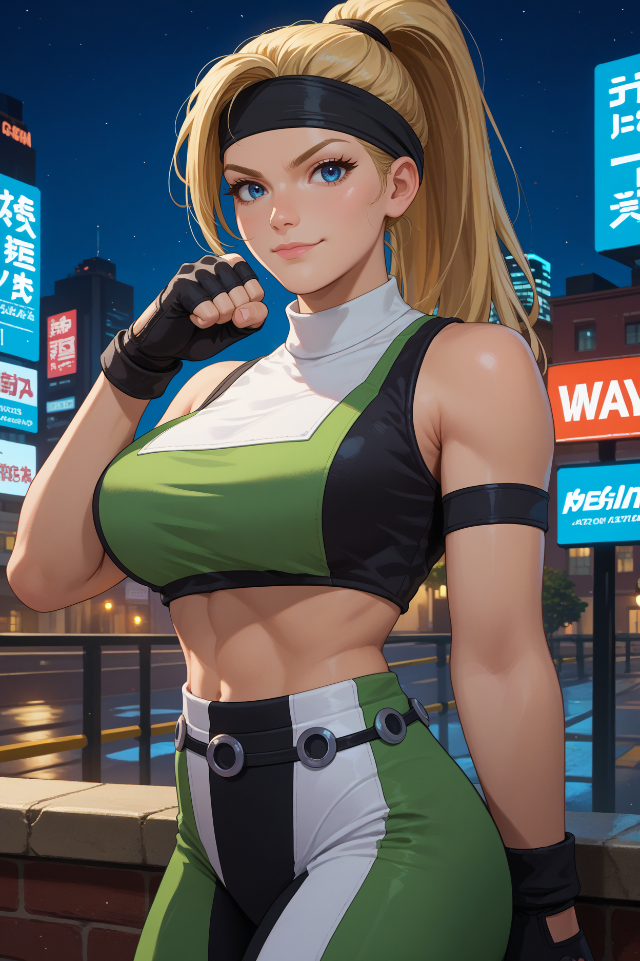 score_9, score_8_up, score_7_up, score_6_up, source_anime, 1girl, solo <lora:sonyablade-pdxl-nvwls-v1-000005:1> m3sb, blonde hair, high ponytail, blue eyes, black headband, green and white crop top, two-tone crop top, midriff, sleeveless, green pants, multicolored pants, black gloves, fingerless gloves, big breasts, looking at you, smirk, city, night, upper body, hand up, clenched hand, fit, thighs, closed mouth