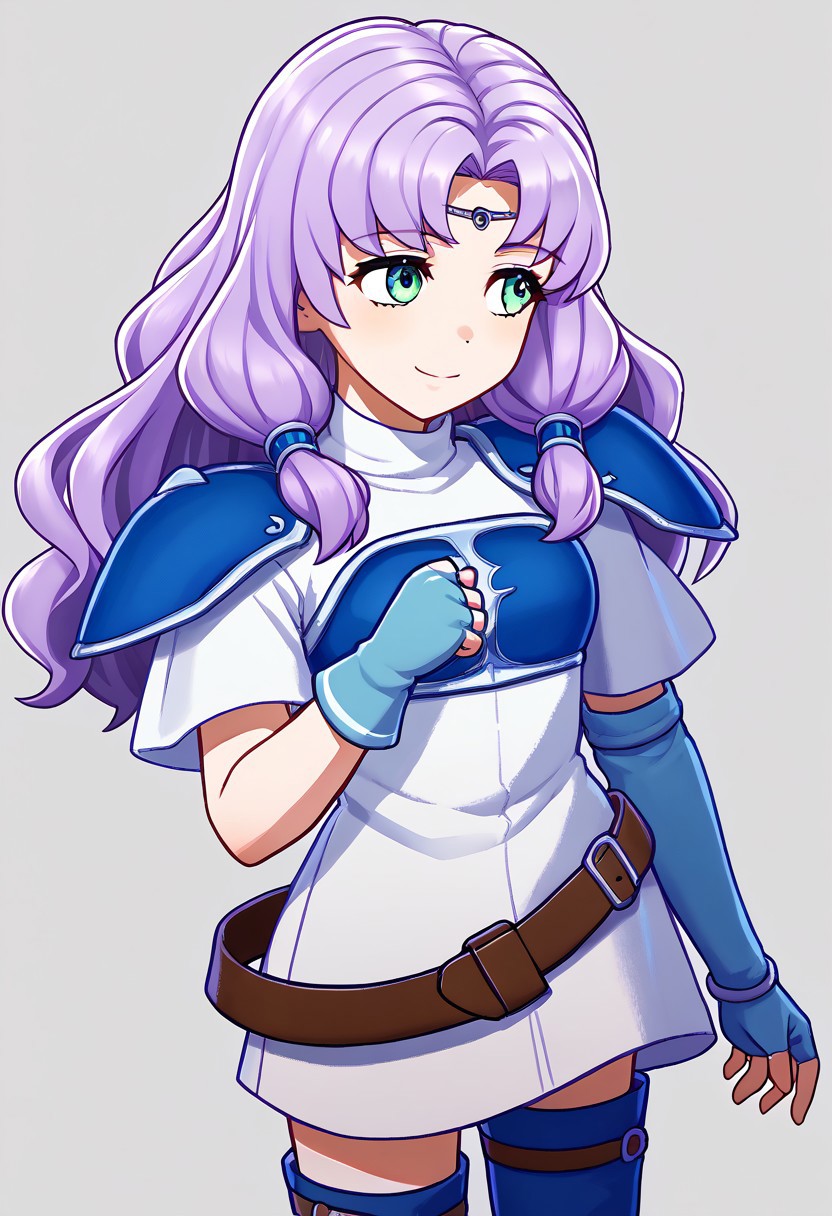 score_9, score_8_up, score_7_up, source_anime BREAK 1girl, solo, <lora:zs_EngagePortraitsXL:1> engageportraits, portrait, white background 
, <lora:NSFlorinaFE7:1> NSFlorinaMain, blue thigh boots, belt, white dress, blue breastplate, blue pauldrons, short sleeves, teal fingerless elbow gloves, circlet, parted bangs, high collar, light purple hair, long hair, low-tied sidelocks, smile