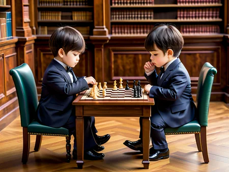 (anime:0.7),
two male babies sitting opposite each other, dressed elegantly, playing chess in a formal English library