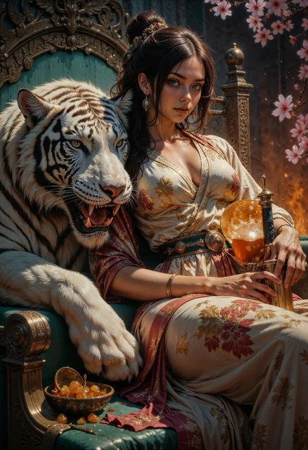 A hyper-realistic portrait of a golden-brown-skinned warrior woman reclining on a throne of carved jade. Her perfect frame is clad in a silk wrap dress patterned with roaring tigers. Curled beside her, taking up half the frame, is a massive white tiger, its fur so finely rendered you can see individual strands glisten under the low firelight. The beast’s ice-blue eyes match the woman’s own—unblinking, regal, utterly untamed. One of her hands rests on the tiger’s head, fingers tangled in its fur, while the other holds a ceremonial dagger dripping with honey (a sacrifice, not a threat). The background is a blur of smoldering incense and falling cherry blossoms, softening the otherwise fierce composition. (Style: Epic fantasy portraiture, rich colors, cinematic lighting.)