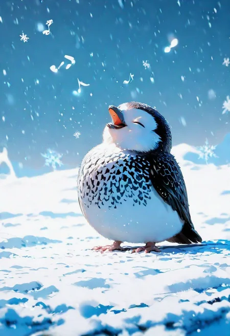 no humans, bird, animal focus, general,
closed eyes, open mouth,
(musical note:1.3), singing,
winter, snowing, snow, snowflakes,
depth of field, photo \(medium\),
best quality, very awa, highres, newest