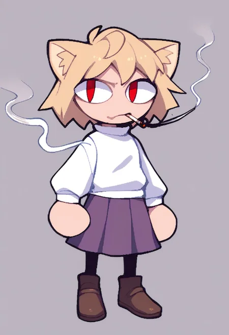 score_9, score_8_up, score_7_up, score_6_up, score_5_up, funny image, necoarc smoking, blonde hair, red eyes, slit pupils, cat ears, :3, chibi, turtleneck, white shirt, blue skirt, pleated skirt, pantyhose, brown footwear, turtleneck, white shirt, purple skirt, pantyhose
Street