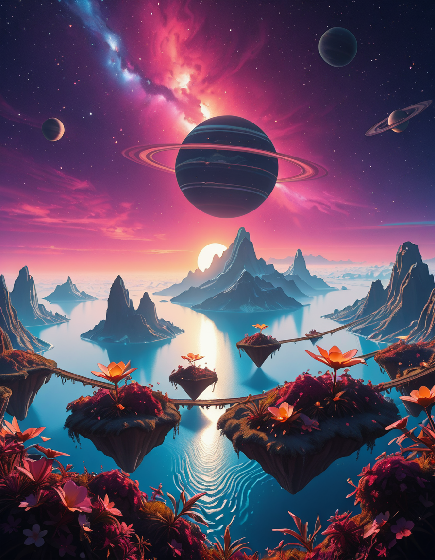 A breathtaking, high-resolution photograph of a celestial paradiseâa stunning, habitable planet floating in the vastness of space. The sky is a mesmerizing blend of deep purples, blues, and pinks, illuminated by twin suns casting golden light over the landscape. Towering crystal mountains shimmer in the distance, reflecting the vibrant hues of the nebula-filled sky. A vast, glowing ocean stretches across the horizon, its surface gently rippling with bioluminescent waves. Floating islands covered in lush, alien vegetation hover above the water, connected by natural bridges of luminescent vines. Exotic, radiant flowers bloom in every color imaginable, while gentle, ethereal creatures with translucent wings glide through the air. In the sky, a massive ringed gas giant looms majestically, its swirling clouds casting soft shadows over the dreamlike terrain. The air shimmers with floating particles of light, creating a surreal, otherworldly ambiance. The entire scene feels like a cosmic utopiaâtranquil, awe-inspiring, and untouched by time.
<lora:SDXLFaeTastic2400:0.4> <lora:extremely_detailed:0.4> extremely detailed,Celestial p4r4d1s3, <lora:Celestial_p4r4d1s3-i:1>, Masterpiece,best quality,hi res,8k,hi res,8k,award winning,(sharp focus, intricate, highly detailed),