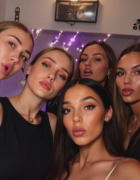 beautiful young women taking a selfie in a party room dynamic posing, smiling and making funny faces <lora:fb3v3:1> fbphotos
