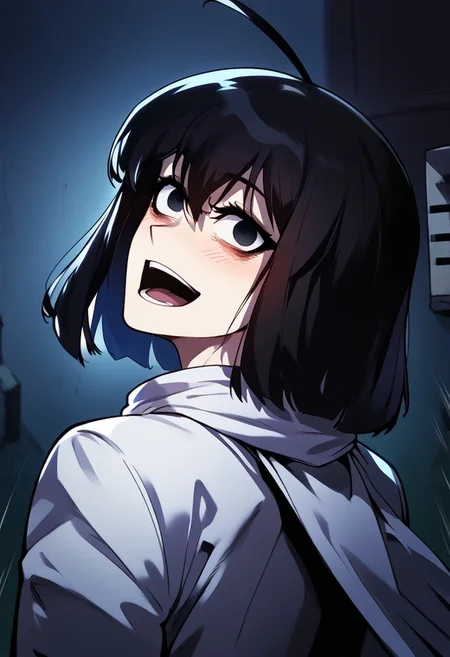 zPDXL3, score_9_up, score_8_up, score_7_up, (Anime_source), 1girl, YonaRuncandel, dark eyes, black hair, short hair, Yona clothes, upper body, looking at viewer, empty eyes, evil smile, glowing body, blush, shaded face, open mouth, shaft look, looking back, from behind, head tilt,