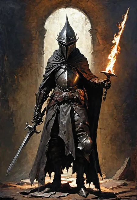 videogame art of profane (((Abyss Watchers)))
wearing (ragged, brigand, holding a giant metal flame shaped sword, leather tunic, metal plates and cloth, pointy shaped helmet, sewn together), gothic, legion, by Jean-Baptiste Monge and Nicola Samori, Nazgul from lord of the rings, coif leather, holding a parchment script scroll