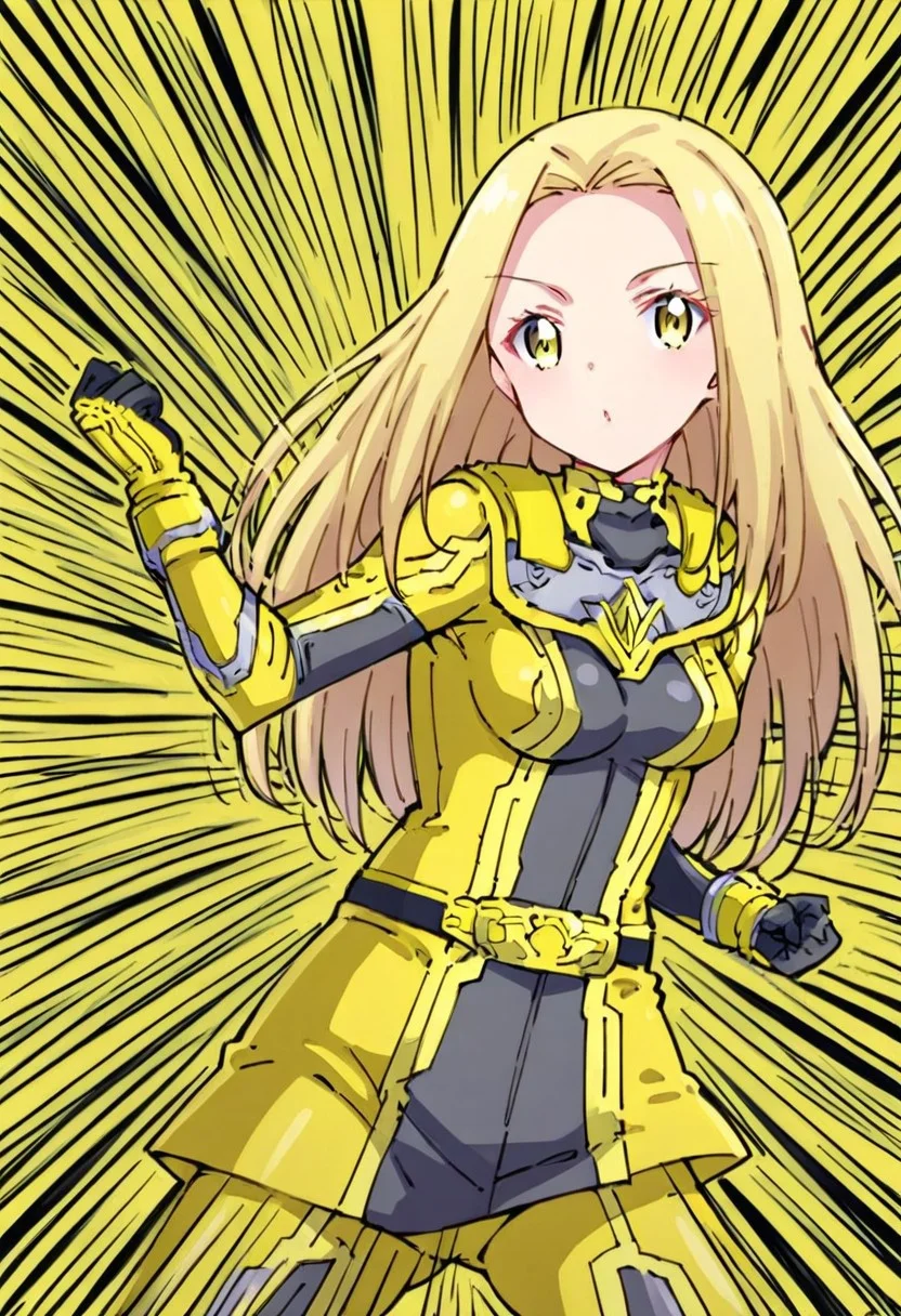 Emily tobihoshi, 1girl, blonde hair, yellow eyes, bodysuit, solo, yellow bodysuit, belt, gloves, yellow gloves ,miniskirt, standing_split fighting stance, simple background, yellow background