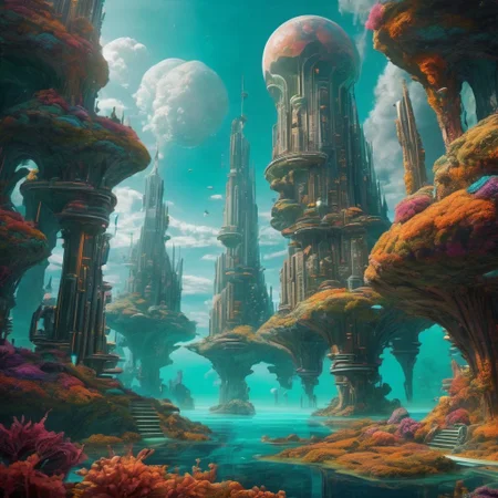 underwater futuristic city, fantasy, legendary, otherworldly landscape, bright colors, intricate details, surreal elements, clouds, empty scene