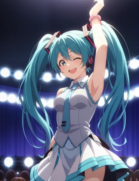 score_4, score_5, score_6, score_9, score_8_up, score_7_up, source_anime, <lora:Fine_Anime_Screencap-Pony:1.1>, fine anime screencap_xl, anime_screencap,     hatsune miku, twintails, long hair, idol clothes, idol, idol, dancing, stage, smile, cowboy shot,