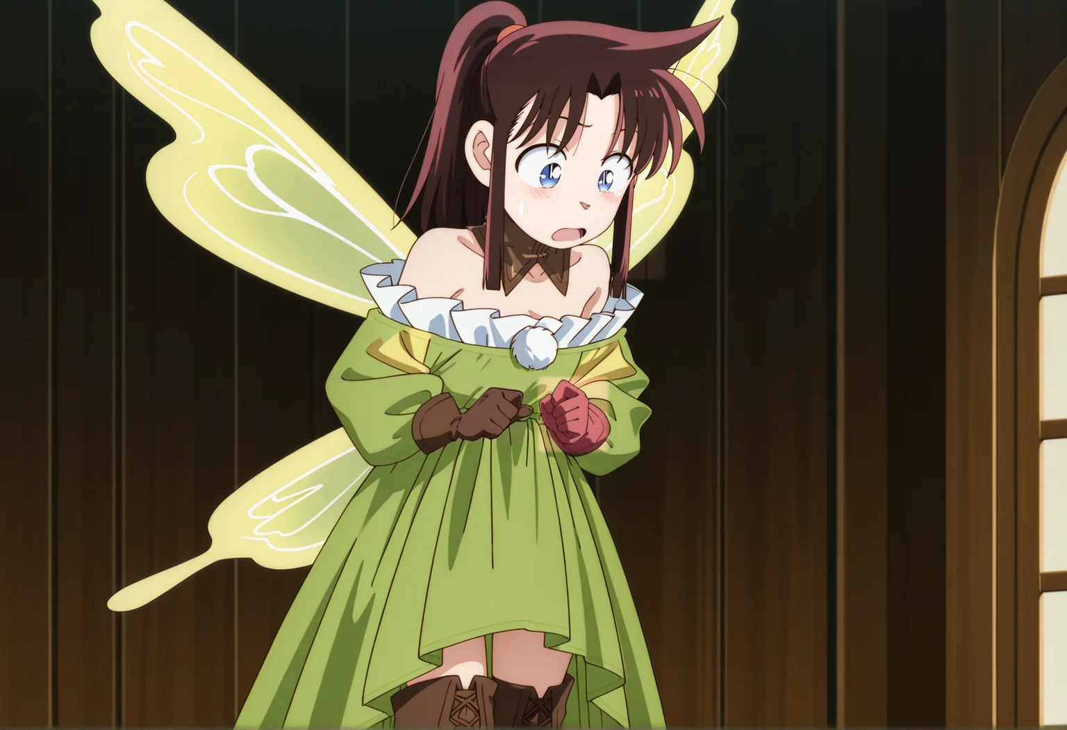 anime screencap, anime screenshot, anime coloring, cowboy shot, 1girl, brown hair, long hair, sidelocks, ponytail, blue eyes, surprised <lora:saya_yaiba:1> detached collar, green dress, frills, bare shoulders, brown gloves, brown thigh boots, fairy wings, long skirt <lora:Kazuradrop_Illus:1> looking down, masterpiece, best quality, amazing quality, very aesthetic, absurdres, highres, newest
